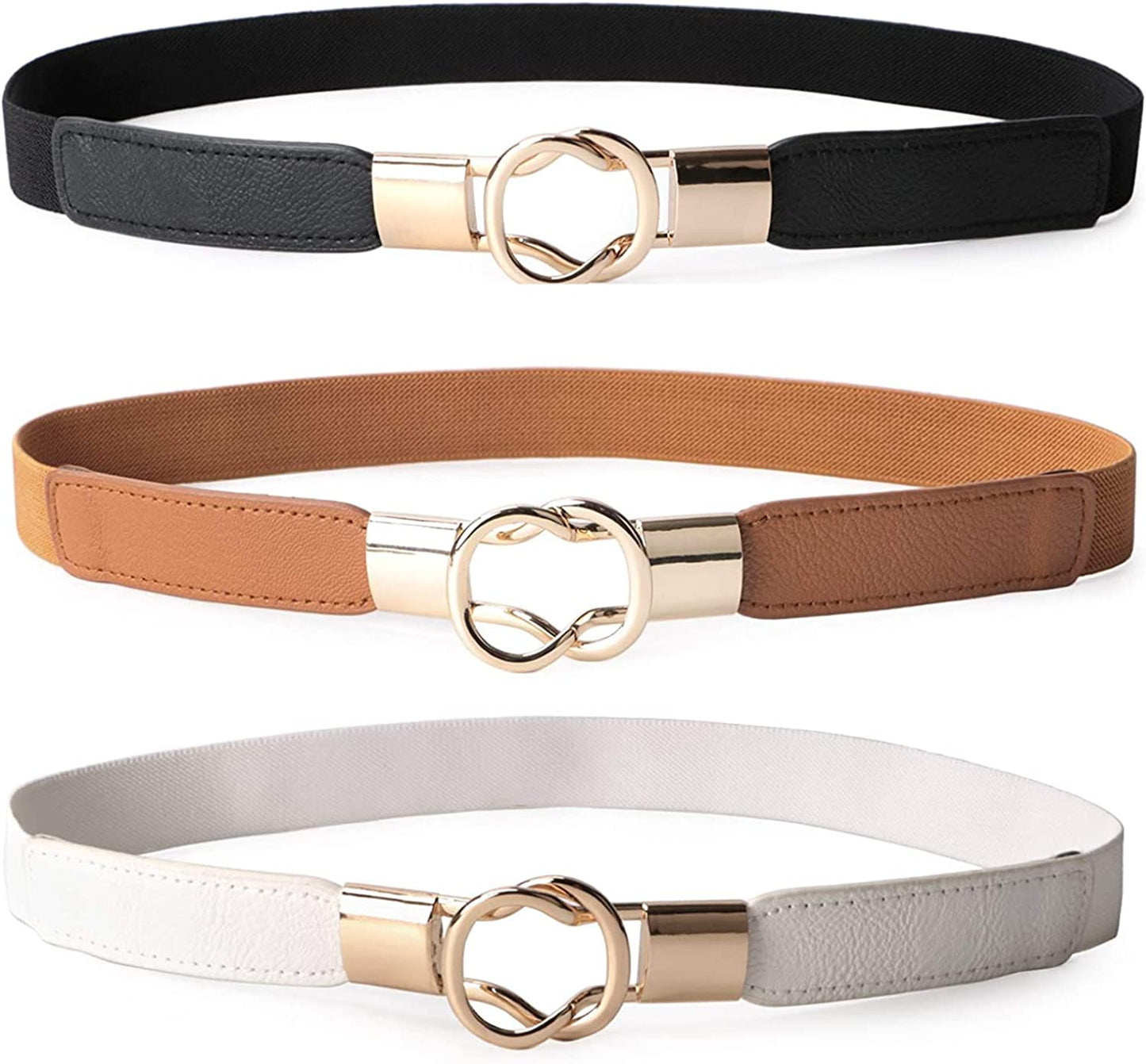 JASGOOD 2 Pack 3 Pack Women Retro Elastic Stretchy Metal Buckle Skinny Waist Belt 1 Inch Wide Apparel & Accessories > Clothing Accessories > Belts KYLIE MAX B-black+white+brown FIts Waist 27"-31"
