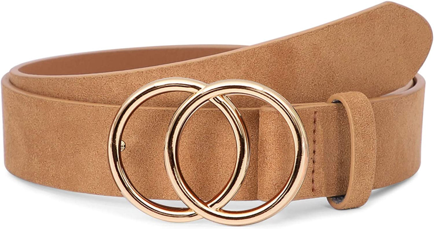 Women Leather Belt Fashion Double O-Ring Soft Faux Leather Waist Belts for Jeans Dress Apparel & Accessories > Clothing Accessories > Belts SUOSDEY L-khaki/Fixed Buckle S: 22''-26'' Waist Size