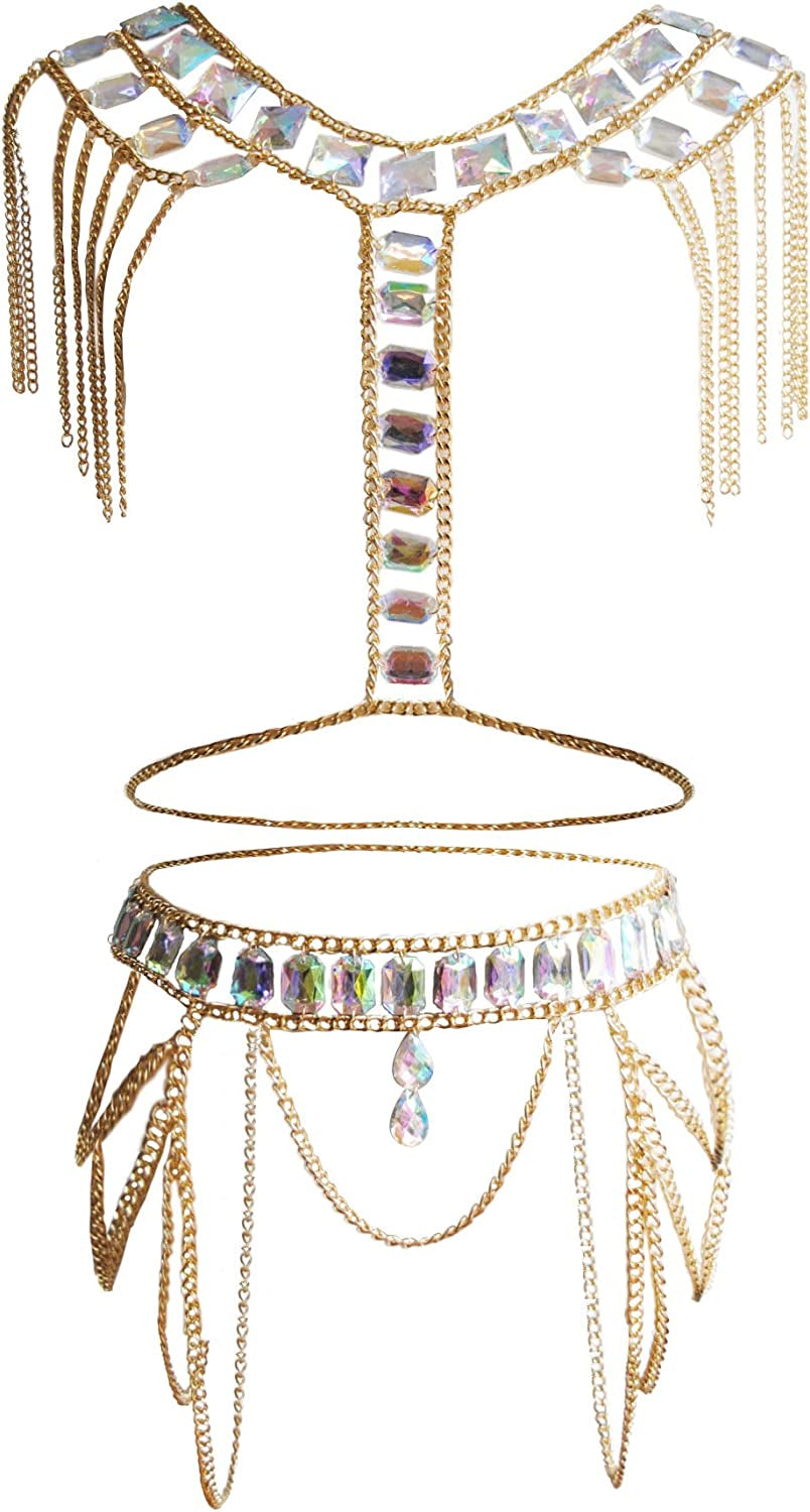 Minesign Crystal Body Chain Large Women Waist Vest Harness Shoulder Jewelry Kit for Maternity Photo Shoot Party Bikini Apparel & Accessories > Jewelry > Body Jewelry MineSign Gold Tassel Set