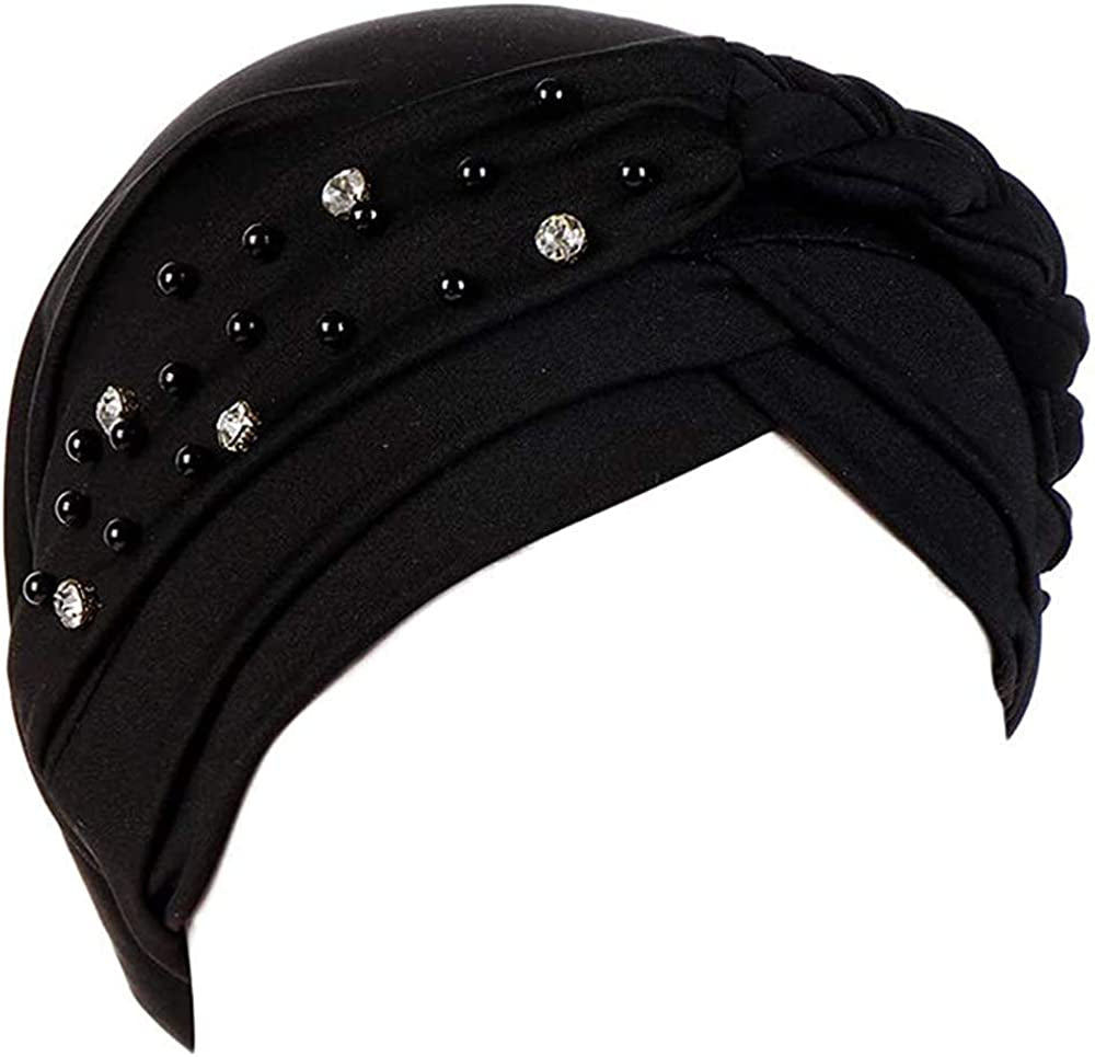 Women Girls Turban Hat, Rhinestone Pearl Braid Turban Head Wrap Baggy Slouchy Beanie Chemo Cap Headwear Hair Wrap Apparel & Accessories > Clothing Accessories > Headwear canjoyn Black