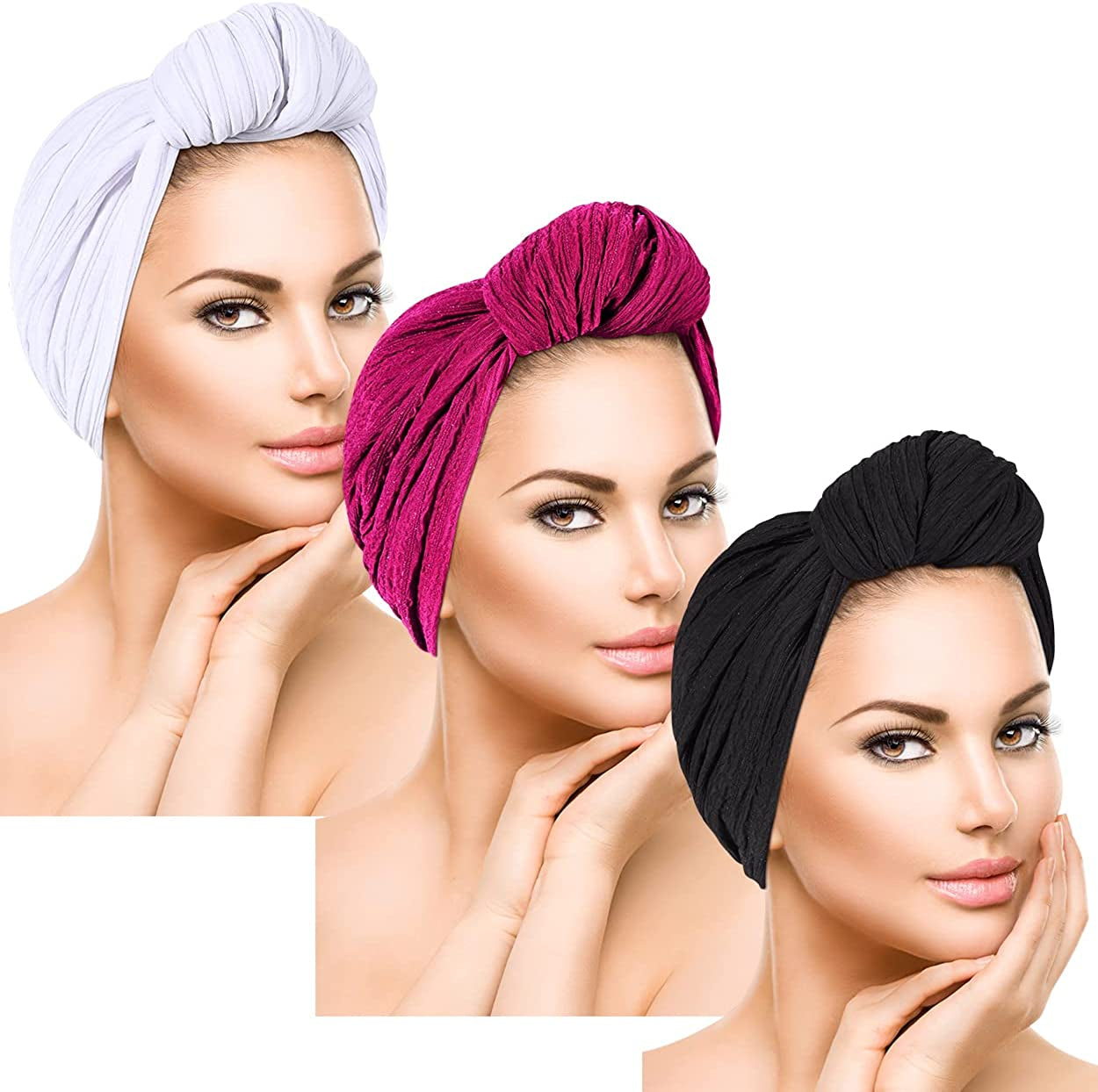 DANMY Women'S Beanie Turban Hats, Indian Hats Headscarves, Beanie Hats for Women,Turban for Women Apparel & Accessories > Clothing Accessories > Headwear DANMY 3pcs-white/Rose-red/Black