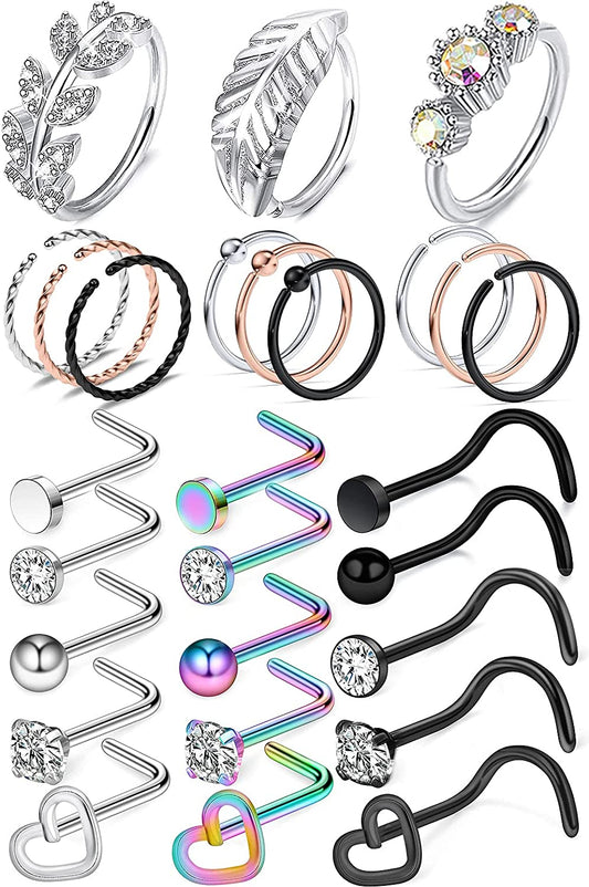 Kridzisw 18G 20G Nose Rings Hoop Stainless Steel L-Shaped Nose Rings Studs Screw Clear Clicker Retainer Tragus Cartilage Helix Earrings Piercing Hoop 27-36Pcs Apparel & Accessories > Jewelry > Body Jewelry Kridzisw Set E:20G(0.8MM)-Mix Color