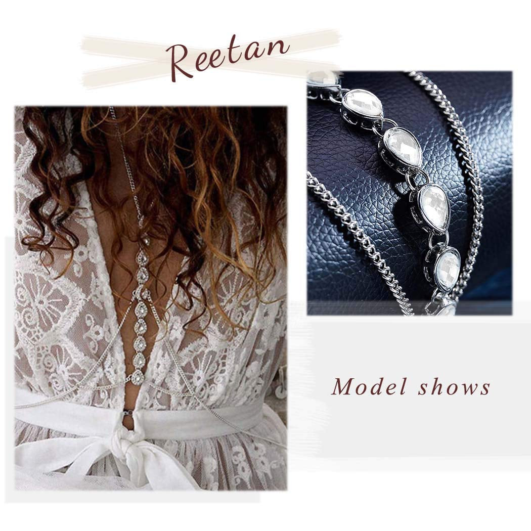 Reetan Boho Body Chain Rhinestone Bikini Chest Chains Beach Harness Chain Rave Party Body Jewelry Accessories for Women and Girls (Silver) Apparel & Accessories > Jewelry > Body Jewelry REETAN