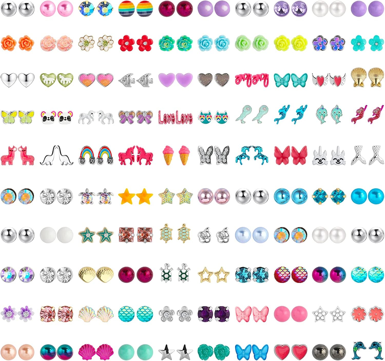 NEWITIN 100 Pairs Colorful Cute Stud Earrings for Girls Hypoallergenic Earrings Stainless Steel Earrings for Women Apparel & Accessories > Jewelry > Earrings NEWITIN Ocean Girl