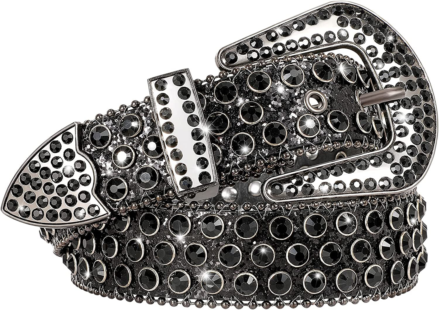Men Women Fashion Rhinestone Belt SUOSDEY Western Cowgirl Bling Studded Design Leather Diamond Belt for Jeans Dress Apparel & Accessories > Clothing Accessories > Belts SUOSDEY 01-black M:fits waist size 33''-37''