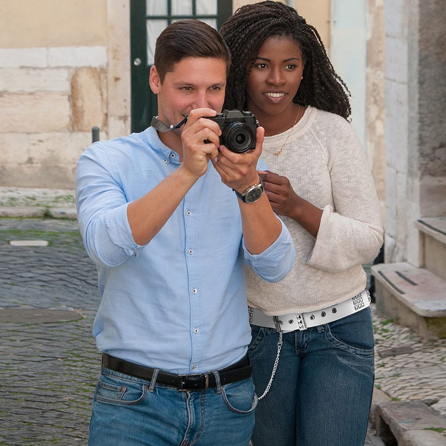 Studded Belts Punk Rock Belts for Women Threads Goth Pyramid Pu Leather Belts with Chains for Gothic Clothing Accessories Apparel & Accessories > Clothing Accessories > Belts Geyoga