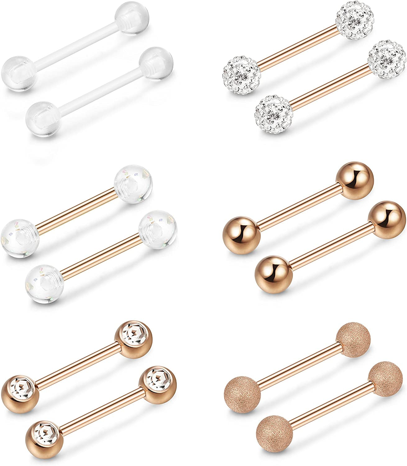 FINREZIO 14G 12-18Mm Stainless Steel Nipple Tongue Ring Barbell Nipplerings Body Piercing Jewelry 12Pcs Apparel & Accessories > Jewelry > Body Jewelry FINREZIO 14G Rose Gold tone 14.0 Millimeters