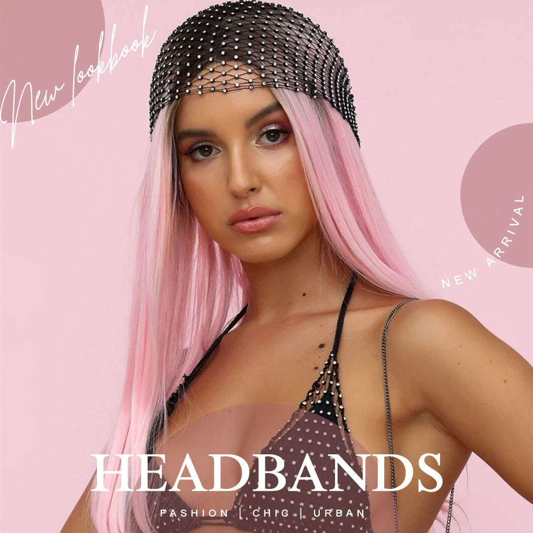 Earent Mesh Rhinestone Headbands Black Glitter Wide Hairbands Elastic Turban Kerchiefs Crystal Nightclub Headscarfs Rave Party Head Wraps Sparkle Body Jewelry for Women and Girls(Headbands) (A-Black) Apparel & Accessories > Jewelry > Body Jewelry EARENT