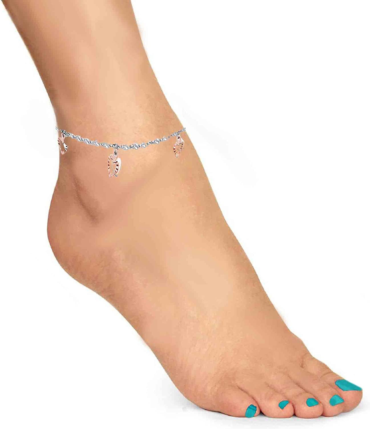 Ritastephens 14K White Rose Gold Fancy Heart Dangle Anklet Ankle Bracelet 10 Inches Apparel & Accessories > Jewelry > Anklets Ritastephens