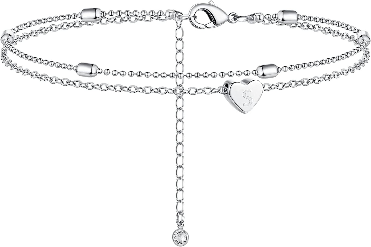 Moodear Silver Ankle Bracelets for Women, Sterling Silver Initial Anklet Layered Dainty Tiny Heart Charm Handmade Carved Alphabet A-Z Letter Ankle Bracelet Beaded Foot Chain Personalized Name Anklets Summer Cute Boho Beach Gift for Her Apparel & Accessories > Jewelry > Anklets Moodear Sterling Silver-S