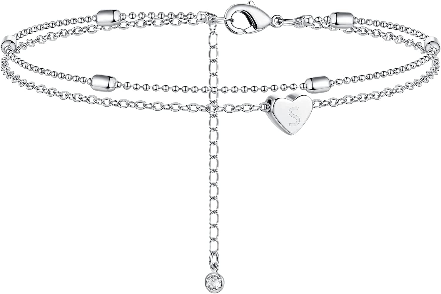 Moodear Silver Ankle Bracelets for Women, Sterling Silver Initial Anklet Layered Dainty Tiny Heart Charm Handmade Carved Alphabet A-Z Letter Ankle Bracelet Beaded Foot Chain Personalized Name Anklets Summer Cute Boho Beach Gift for Her Apparel & Accessories > Jewelry > Anklets Moodear Sterling Silver-S