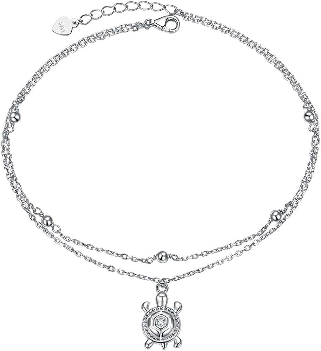 Flyow Anklet for Women S925 Sterling Silver Adjustable Foot Beaded Heart Charm Ankle Bracelet Anklets Jewelry Apparel & Accessories > Jewelry > Anklets FLYOW sea turtle