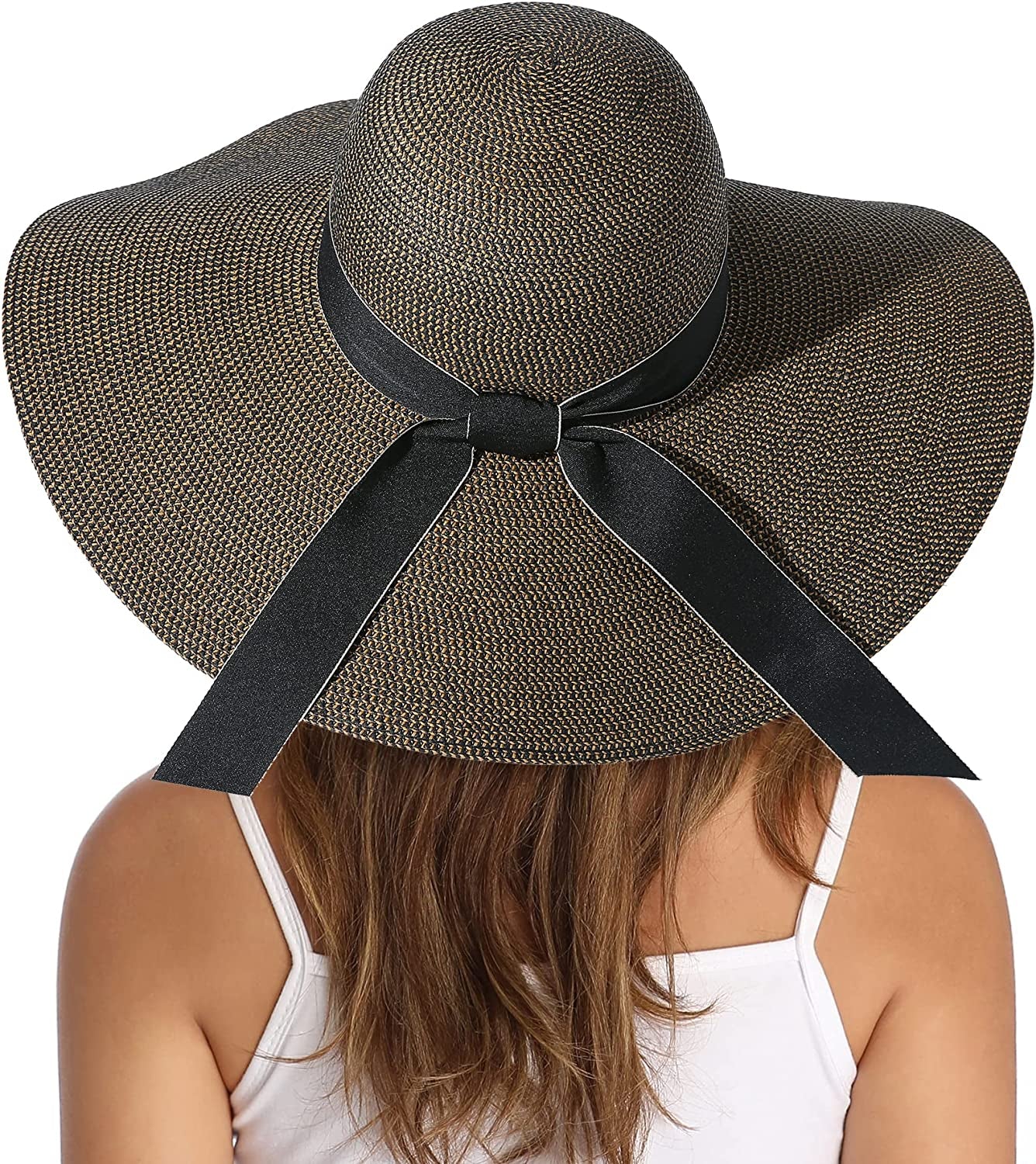 Lanzom Womens Wide Brim Straw Hat Big Floppy Foldable Roll up Cap Beach Sun Hat UPF 50+ Apparel & Accessories > Clothing Accessories > Hats Lanzom Bowknot-coffee One Size