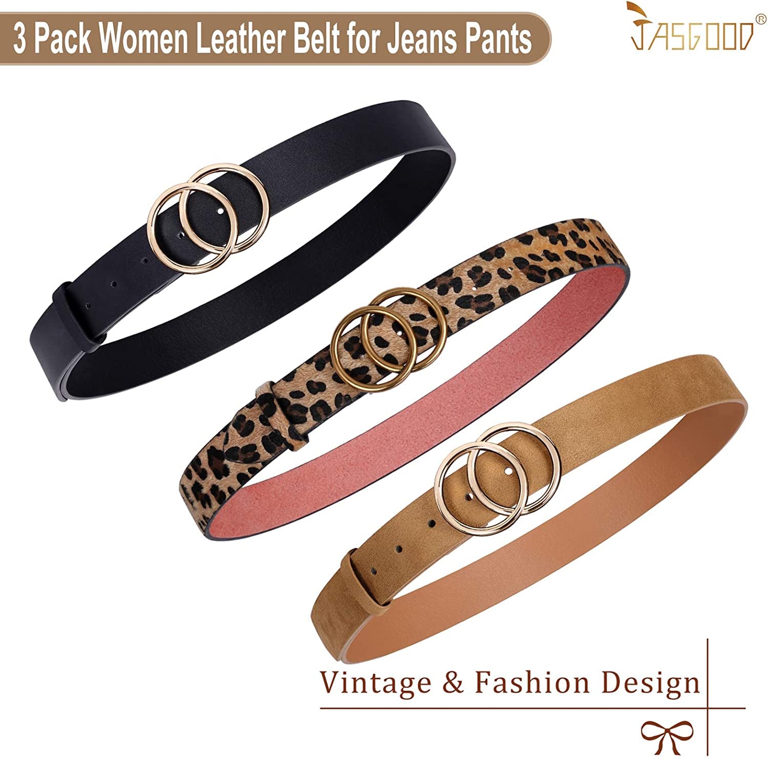 JASGOOD 3 Pack Women Leather Belt for Jeans Pants, Ladies Waist Belts with Double O-Ring Buckle Apparel & Accessories > Clothing Accessories > Belts KYLIE MAX