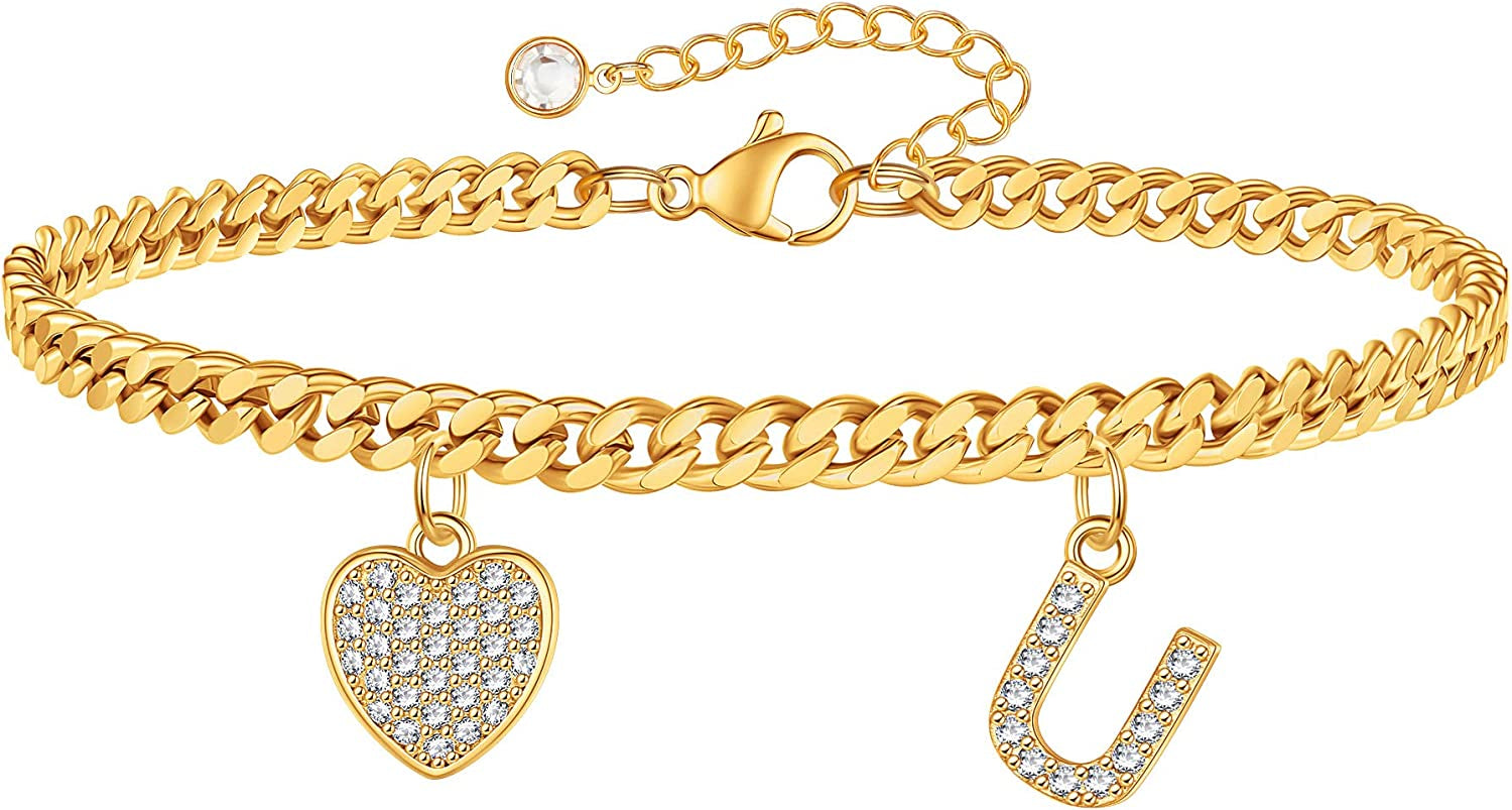 Gold Heart Ankle Bracelets for Women 14K Gold Plated Initial Charm Gold Anklets for Women Cuban Link Chain Heart Anklet Bracelets for Women Apparel & Accessories > Jewelry > Anklets BRIJEWLIC U