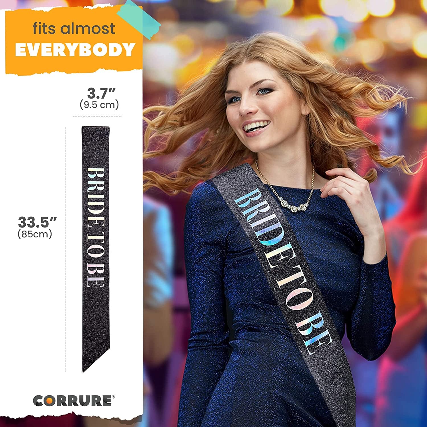 CORRURE 'Bride to Be' Sash for Bachelorette Party - Bridal Shower Black Glitter Sash with Multicolor Foil Lettering - Hen Party Decorations Supplies Accessories, Wedding Engagement Party Favors Gift Apparel & Accessories > Clothing Accessories > Sashes CORRURE