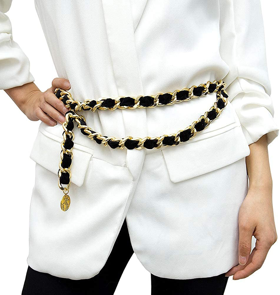 Jurxy Alloy Waist Chain Body Chain Weave Rope Winding Twist Chain for Women Waist Belt Pendant Belly Chain Adjustable Body Harness for Jeans Dresses - S Size – Black and Gold Apparel & Accessories > Jewelry > Body Jewelry Jurxy