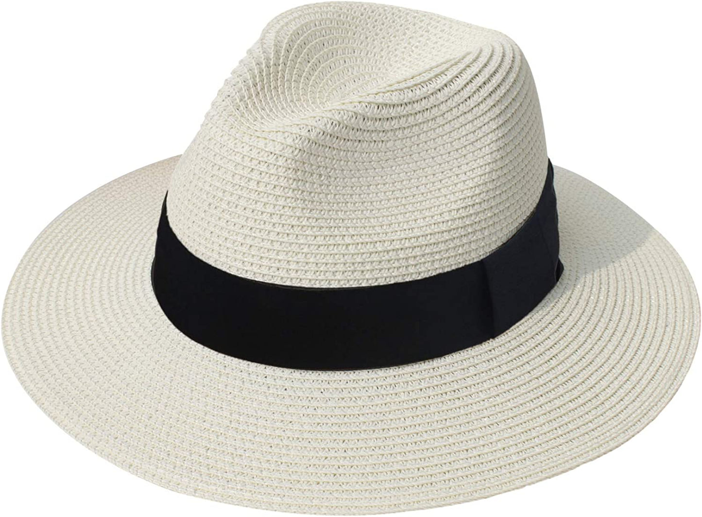 DRESHOW Women Straw Panama Hat Fedora Beach Sun Hat Wide Brim Straw Roll up Hat UPF 50+ Apparel & Accessories > Clothing Accessories > Hats DRESHOW Fedora a Ivory
