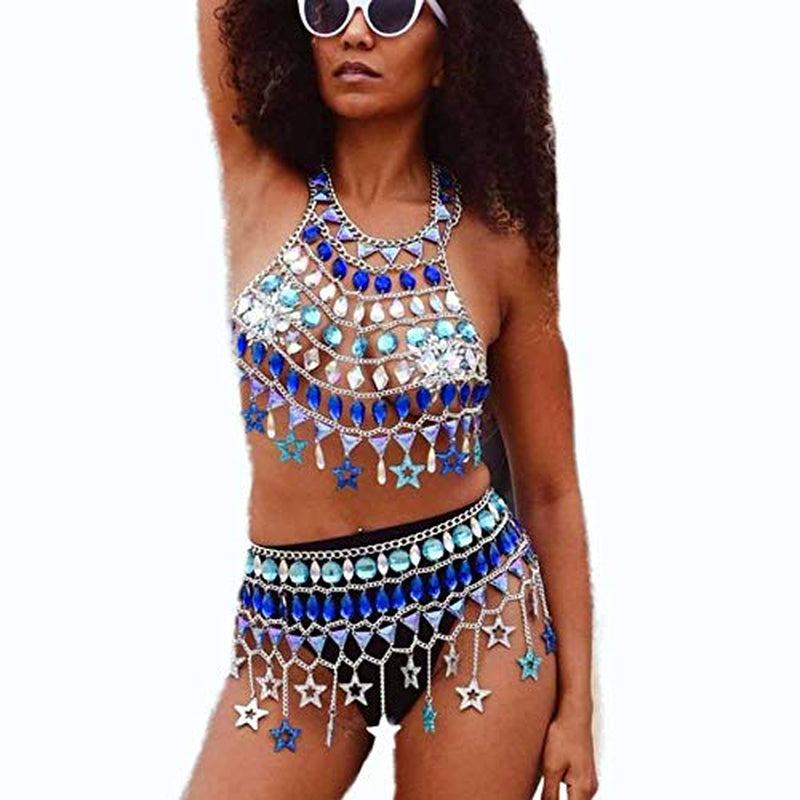 Canb Rhinestone Body Chain Suit Boho Body Waist Belly Chain Skirt Crystal Body Chain Bra Top Festival Jewelry for Women and Girls (VI) Apparel & Accessories > Jewelry > Body Jewelry CanB Ⅴ