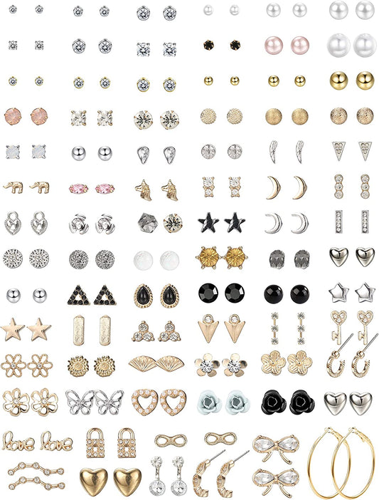 Thunaraz 81Pairs Small Stud Earrings Set for Women Men Triangle Circle Bar Star Moon Geometric Leaf Arrow Flower Bow CZ Ball Faux Pearl Hoop Dangle Earrings Set Apparel & Accessories > Jewelry > Earrings THUNARAZ