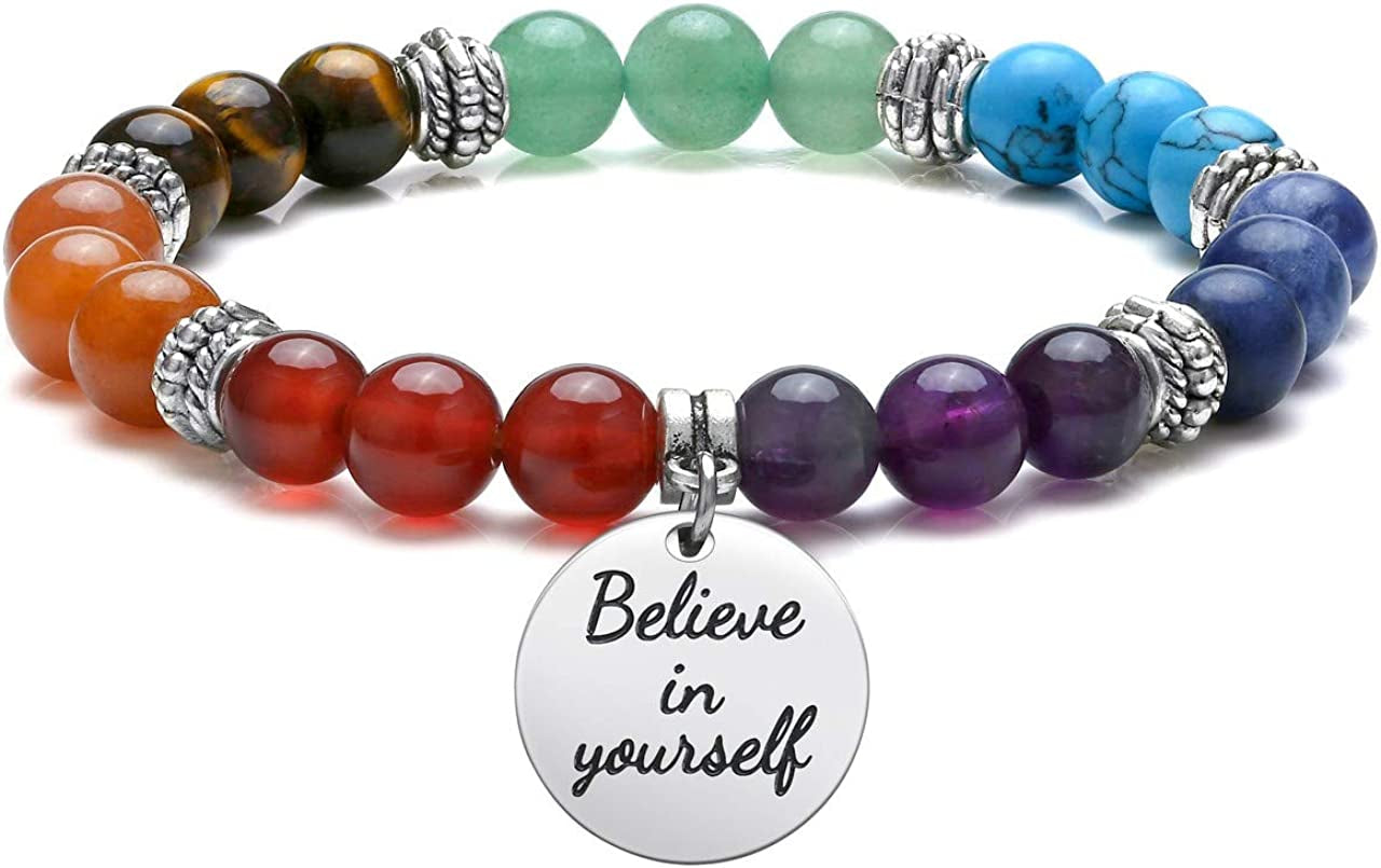 Top Plaza 7 Chakra Stone Bead Bracelets Yoga Reiki Healing Crystals Gemstone Beaded Bracelet Friendship Inspirational Message Charm Bracelet for Women Men Apparel & Accessories > Jewelry > Bracelets Top Plaza Believe in yourself