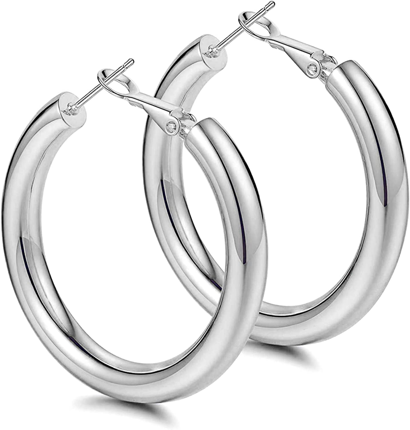 Thick Gold Hoop Earrings Lightweight Howllow Tube Hoops Chunky Gold for Women Hypoallergenic Big Earring 25Mm 30Mm 40Mm 50Mm Apparel & Accessories > Jewelry > Earrings BMMYE Silver-50mm