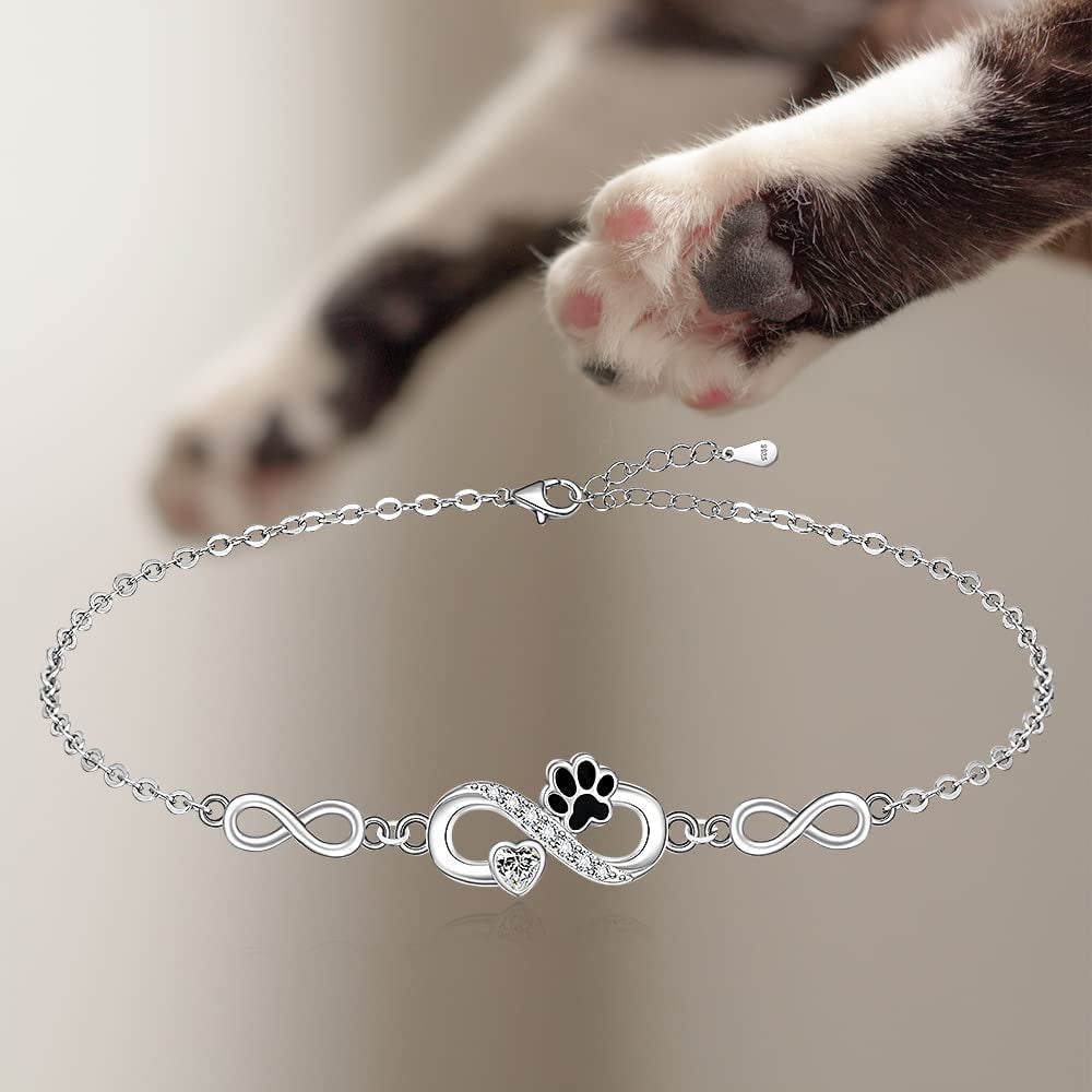 Paw Print Anklet S925 Sterling Silver Infinity Heart Puppy Dog Cat Ankle Bracelets for Women Girls Beach Pet Barefoot Paws Hawaiian Boho Cute Adjustable Anklets Mothers Day Gifts Apparel & Accessories > Jewelry > Anklets Fenthring