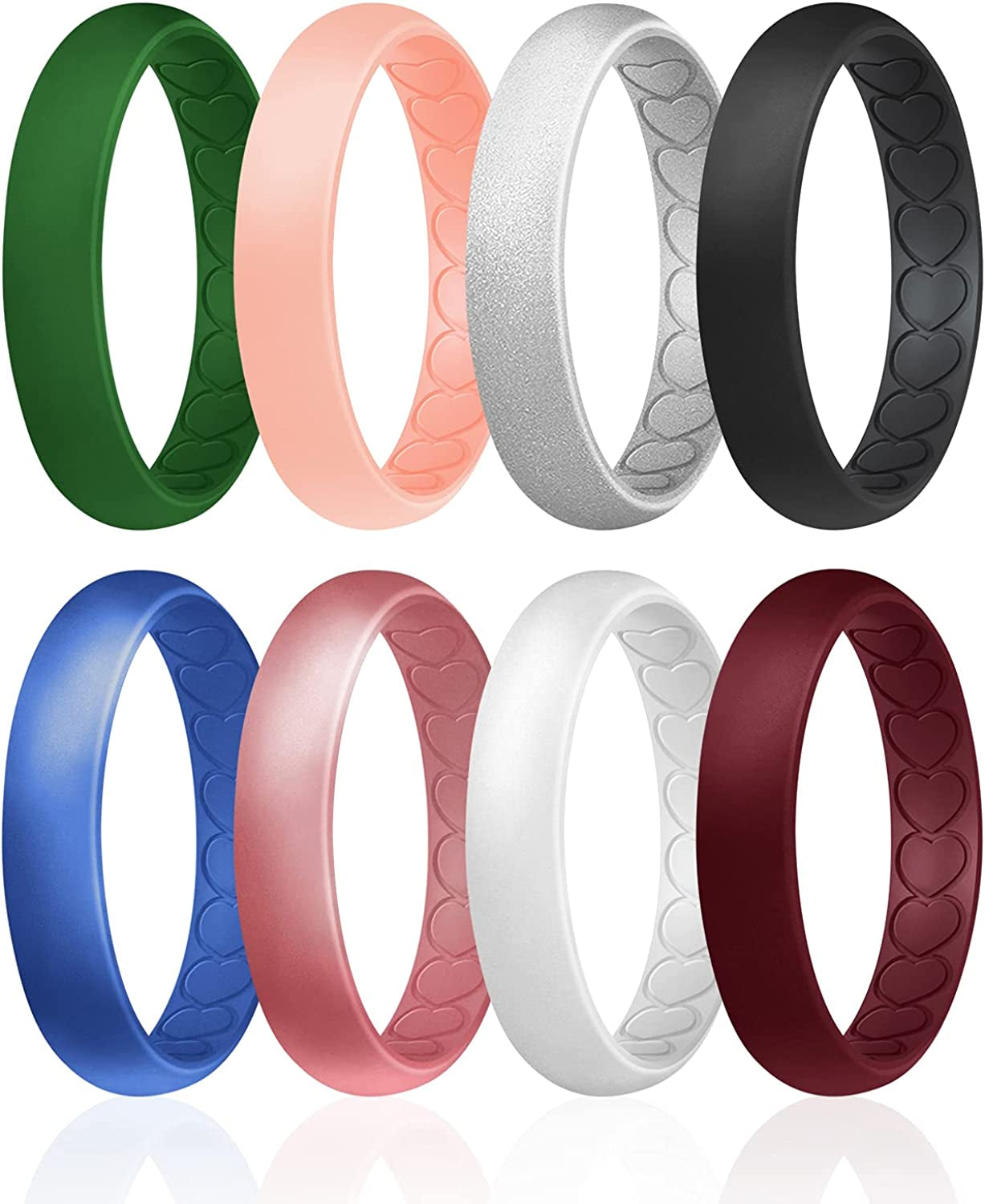 ROQ Silicone Wedding Bands for Women - Breathable Thin Inner Hearts Unique Design Womens Silicone Rubber Ring - Bridal Jewelry Set Anniversary Rings - U.S. Design Patent Pending Apparel & Accessories > Jewelry > Body Jewelry ROQ Dark Green, Rose Gold, Silver, Black, Metal Blue, Metal Pink, White, Bordeaux 8 - 8.5 (18.1mm)