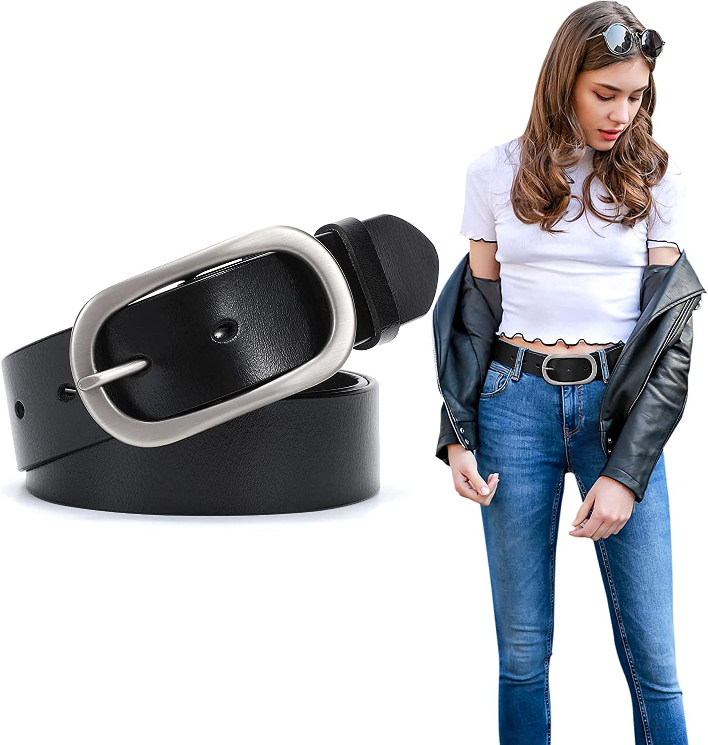 Fashion Womens Leather Belts SUOSDEY with Pin Buckle Waist Belt for Jeans Pants Apparel & Accessories > Clothing Accessories > Belts SUOSDEY 07-black With Brushed Buckle Medium: fits waist from 31"-37"