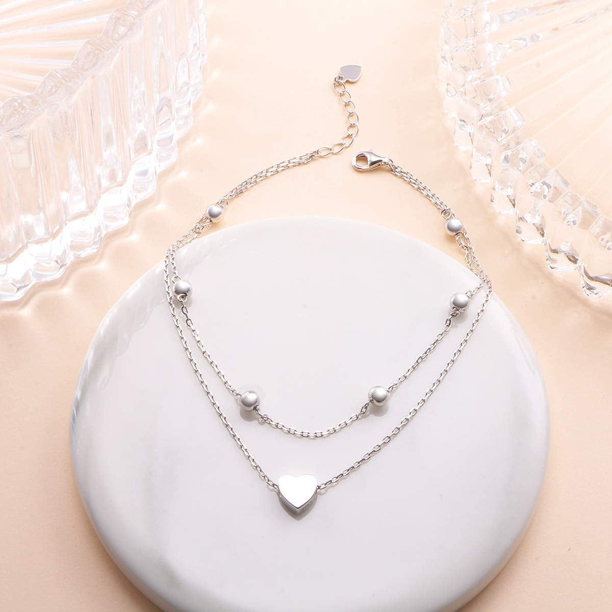 Flyow Anklet for Women S925 Sterling Silver Adjustable Foot Beaded Heart Charm Ankle Bracelet Anklets Jewelry Apparel & Accessories > Jewelry > Anklets FLYOW