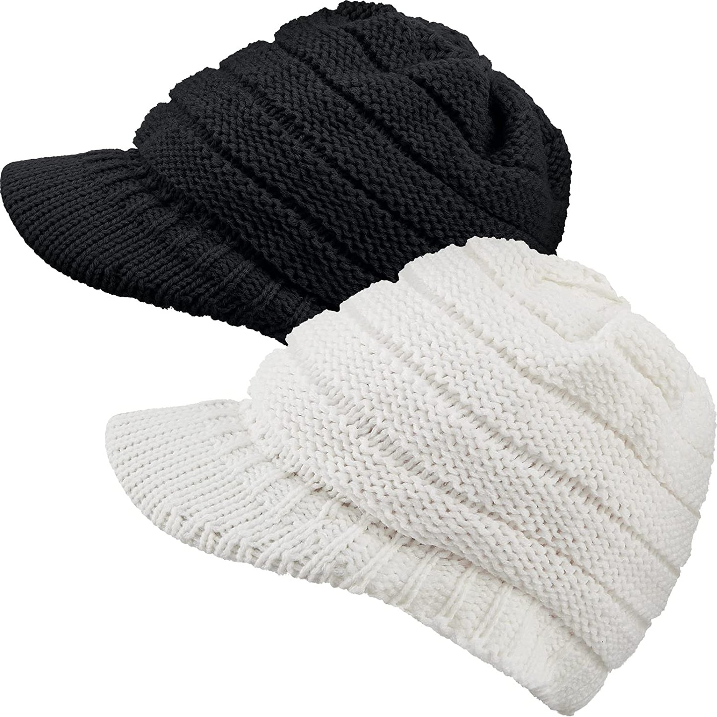 SATINIOR Women Winter Knit Hat Winter Brim Beanie Hats for Women Slouchy Beanie Cap with Visor Warm Newsboy Skull Cap Apparel & Accessories > Clothing Accessories > Hats SATINIOR Black, White 2