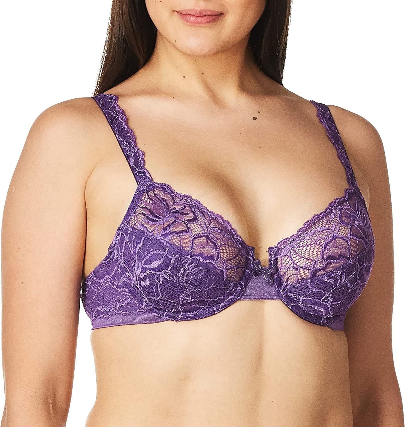 Bali Lace Desire Underwire Bra, Full-Coverage Lace Bra with Underwire Cups, Plunging Underwire Bra for Everyday Comfort Purple Vista / 42D