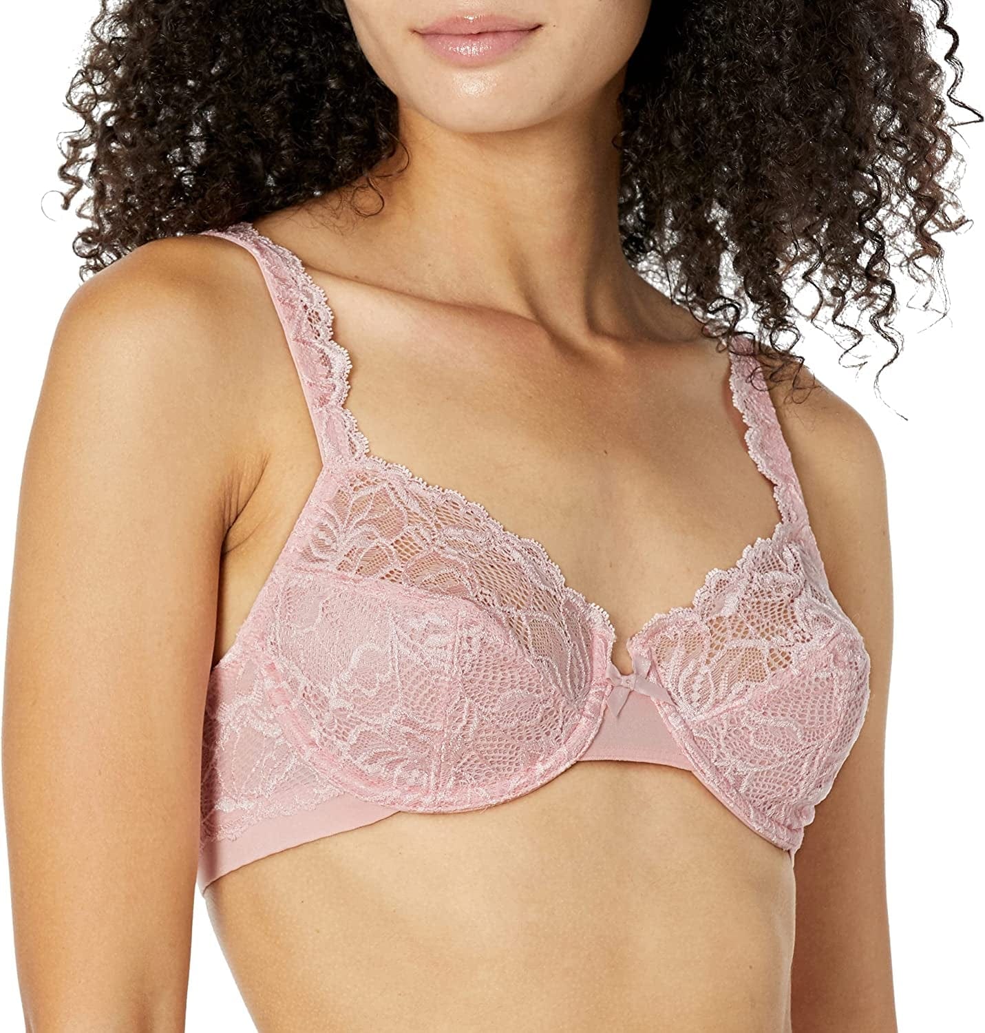 Bali Lace Desire Underwire Bra, Full-Coverage Lace Bra with Underwire Cups, Plunging Underwire Bra for Everyday Comfort Gentle Peach / 40D