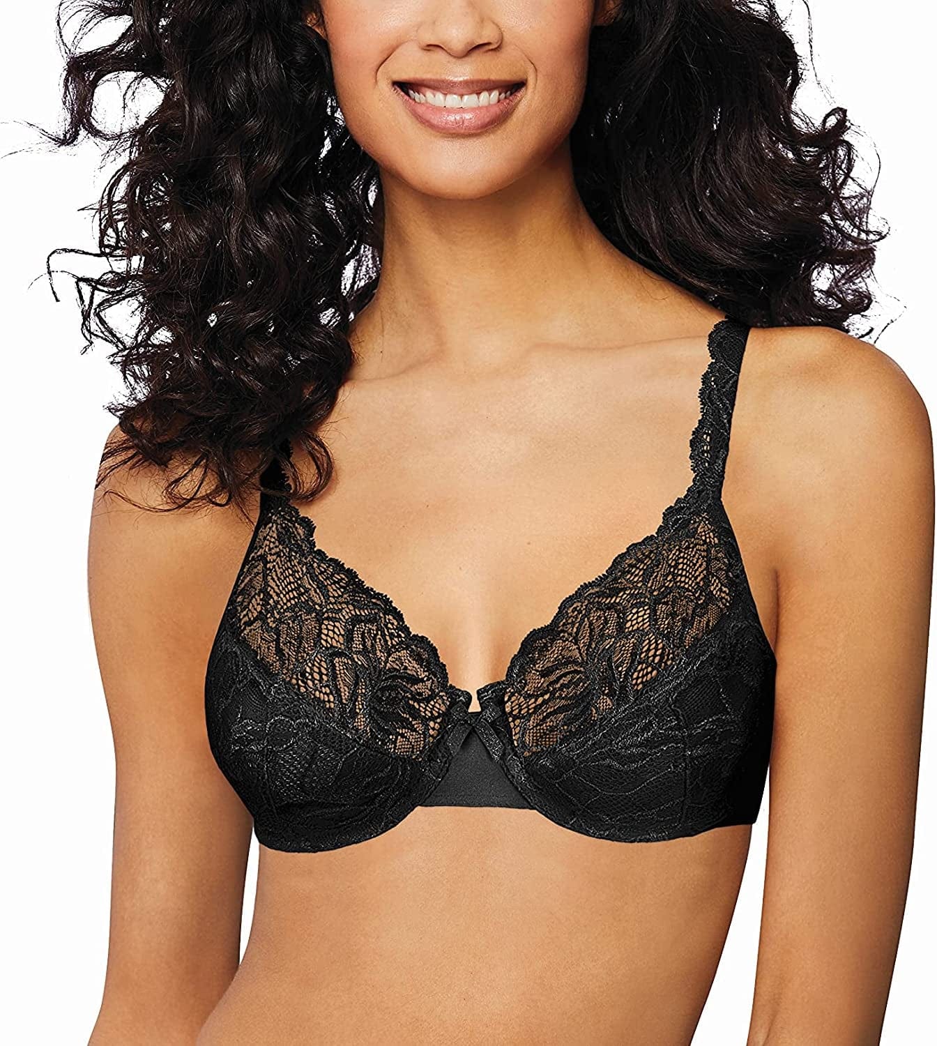 Bali Lace Desire Underwire Bra, Full-Coverage Lace Bra with Underwire Cups, Plunging Underwire Bra for Everyday Comfort Black / 40B