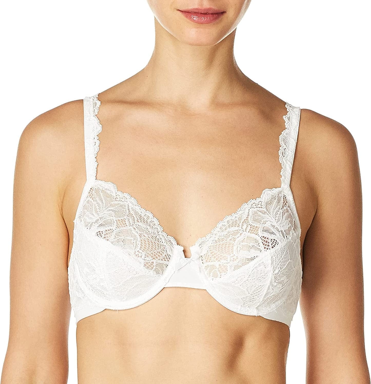 Bali Lace Desire Underwire Bra, Full-Coverage Lace Bra with Underwire Cups, Plunging Underwire Bra for Everyday Comfort White / 40D