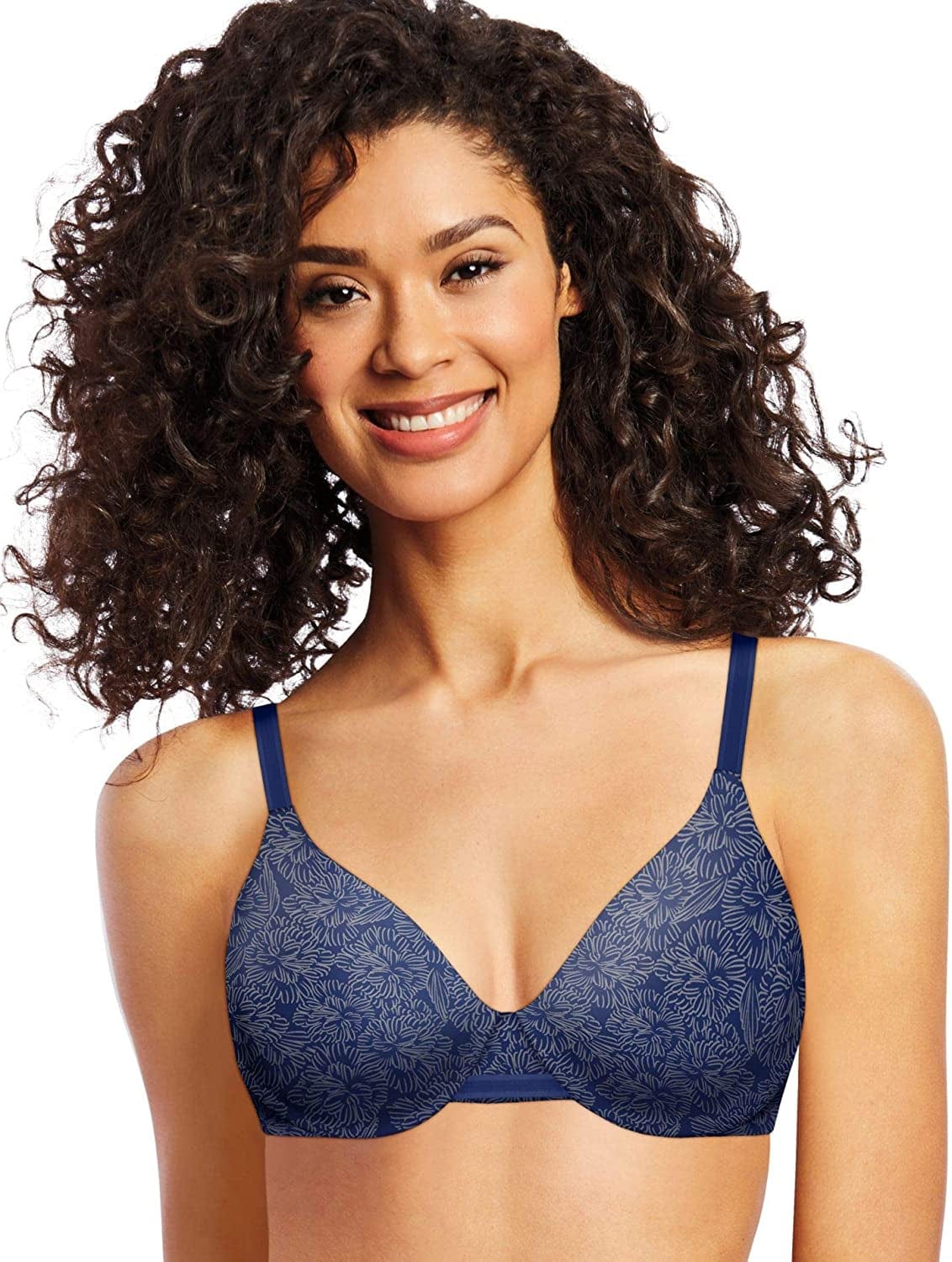 Bali One Smooth U Underwire Bra, Smoothing Shapewear Bra, Concealing Full-Coverage Bra with Front-To-Back Smoothing In the Navy/Silver Print / 36D