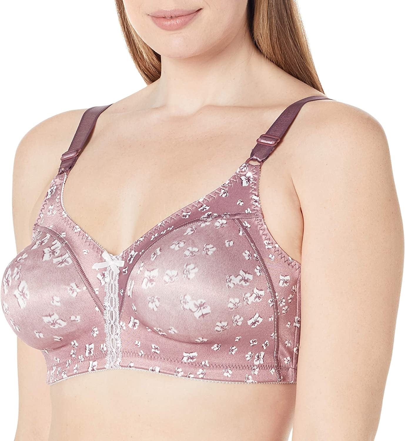 Bali Wireless Bra, Our Bestselling Wirefree Moisture-Wicking Bra, Double Support Satin Full-Coverage Wireless Bra White/Smokey Purple Floral Print / 36D