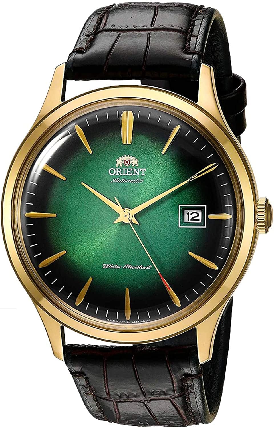 'Bambino Version IV' Japanese Automatic Stainless Steel and Leather Dress Watch Green, Gold Accents