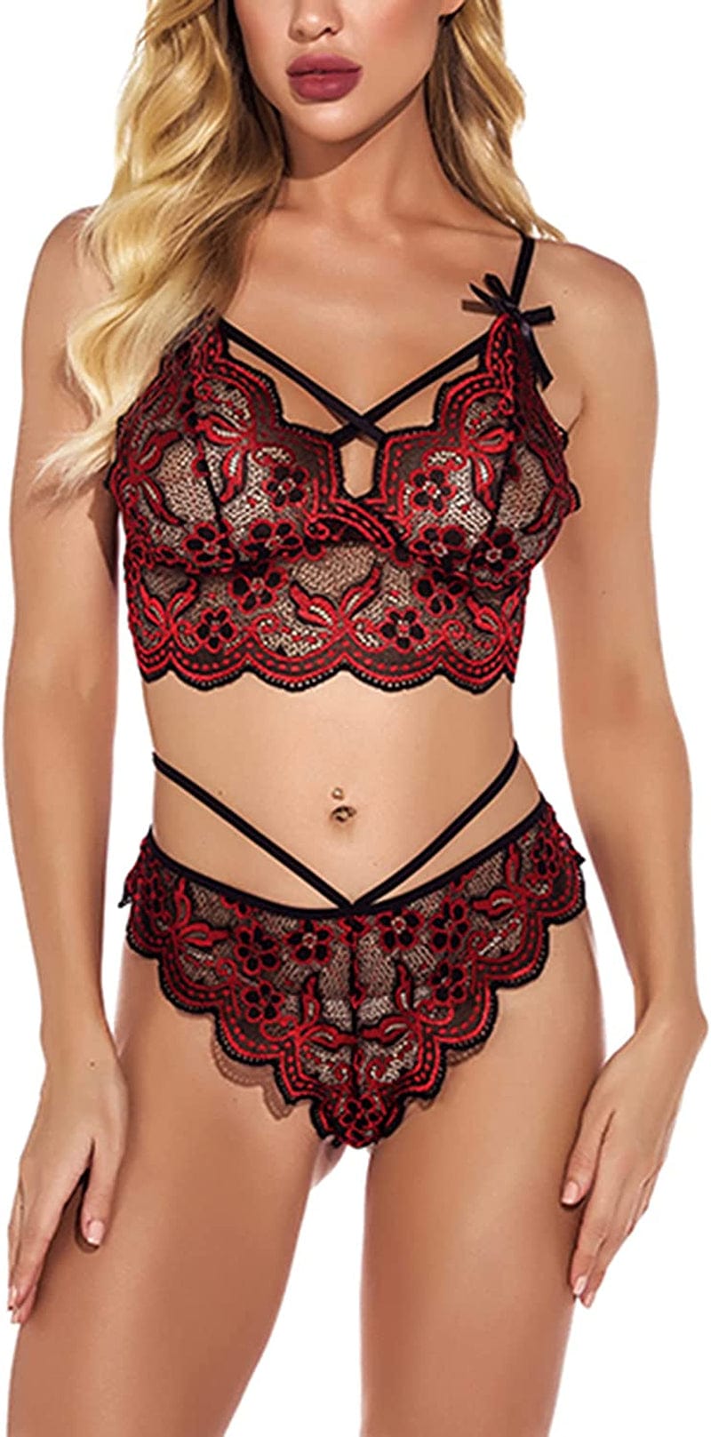 Banamic Women'S Lace Lingerie Sets Lace Babydoll 2 Pieces Sexy Bra and Panty Sets Wine Red / Large