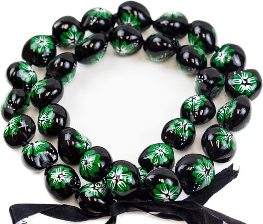 Barbra Collection Green Hibiscus Flower Kukui Nut Beads Necklaces - Hawaiian Leis Hand Painted 32 Inches Lei for Men and Women