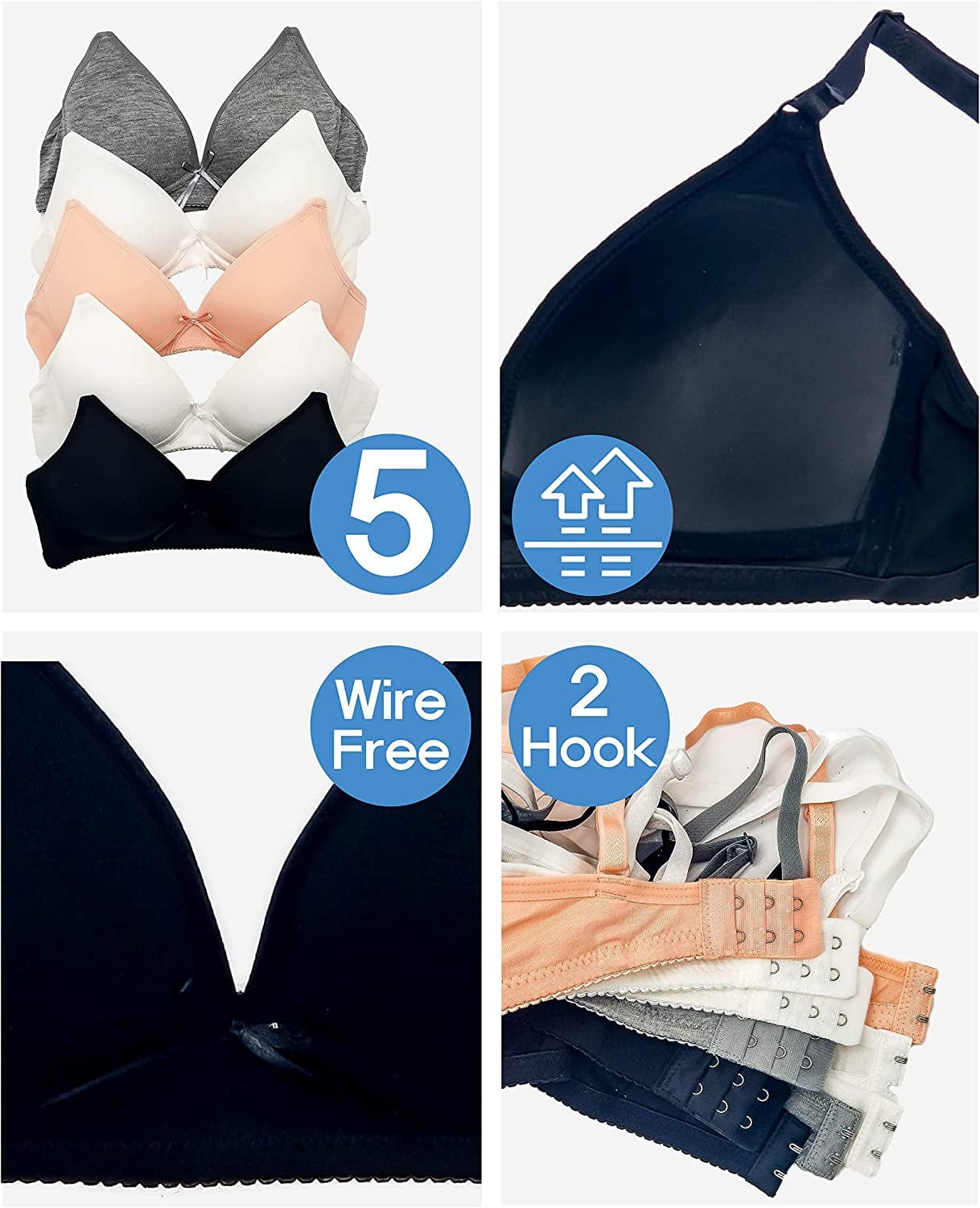 Barbra Lingerie Big Girls Bras for Teen Girl Wireless Molded Padded Juniors Training Bra 5 Pack