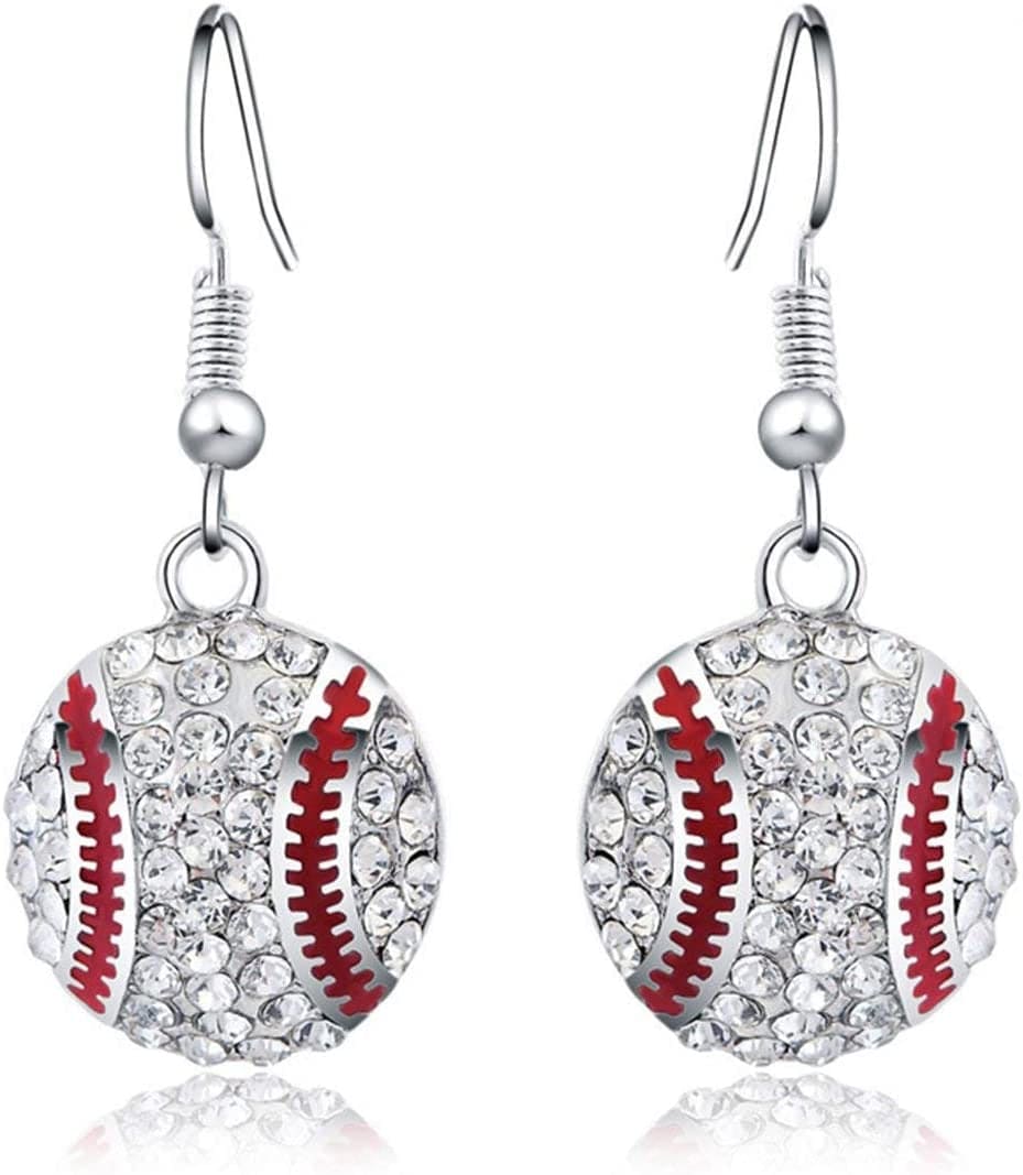 Baseball Pendant Necklace & Dangle Earrings Jewelry Set Sport Clear Crystal Fashion Jewelry (Silver Earrings+Necklace) Silver 2pair earrings