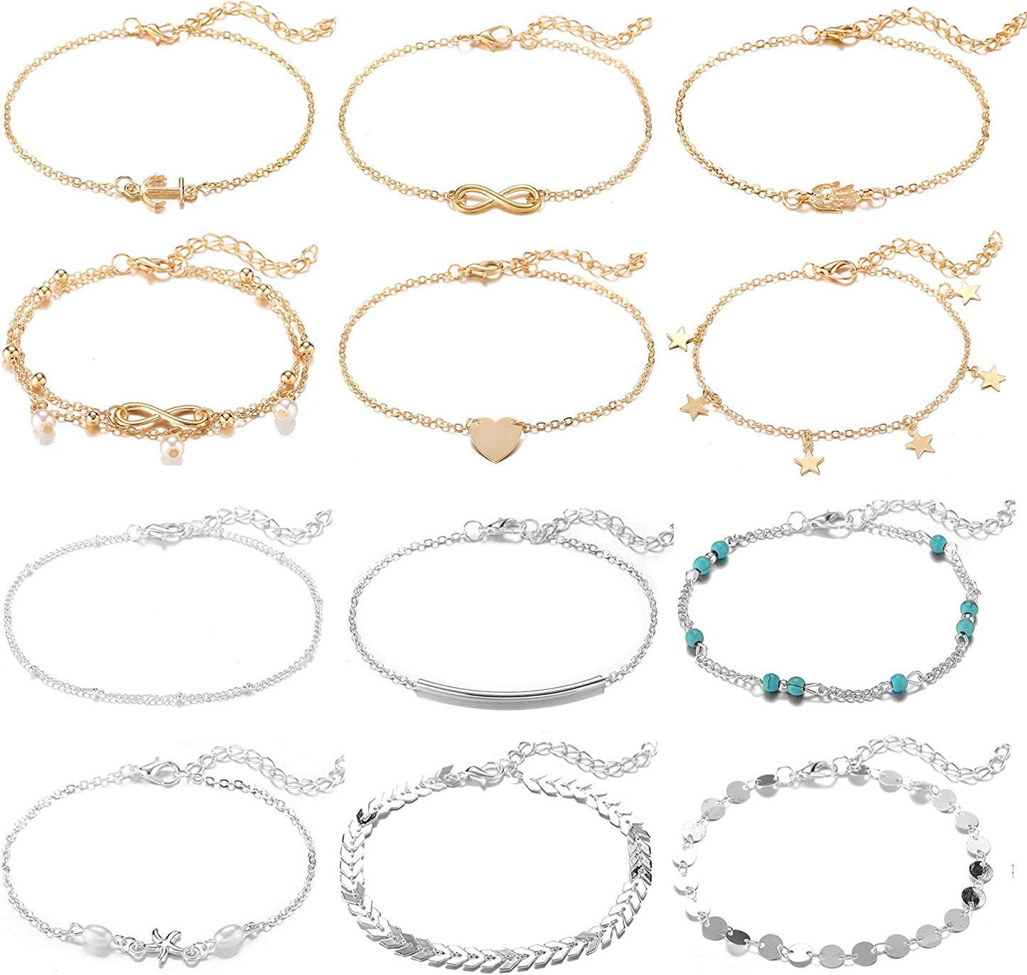 Softones 12Pcs Ankle Bracelets for Women Girls Gold Silver Two Style Chain Beach Anklet Bracelet Jewelry Anklet Set,Adjustable Size Apparel & Accessories > Jewelry > Anklets Softones C:6-gold 6-silver
