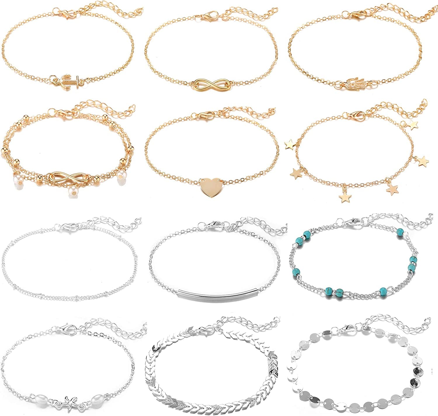 Softones 12Pcs Ankle Bracelets for Women Girls Gold Silver Two Style Chain Beach Anklet Bracelet Jewelry Anklet Set,Adjustable Size Apparel & Accessories > Jewelry > Anklets Softones C:6-gold 6-silver