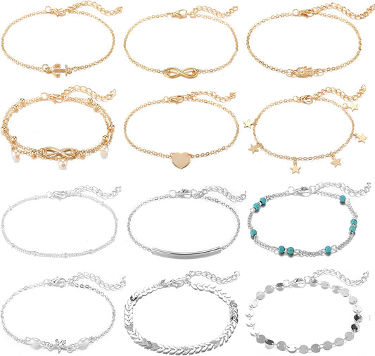 Softones 12Pcs Ankle Bracelets for Women Girls Gold Silver Two Style Chain Beach Anklet Bracelet Jewelry Anklet Set,Adjustable Size Apparel & Accessories > Jewelry > Anklets Softones C:6-gold 6-silver