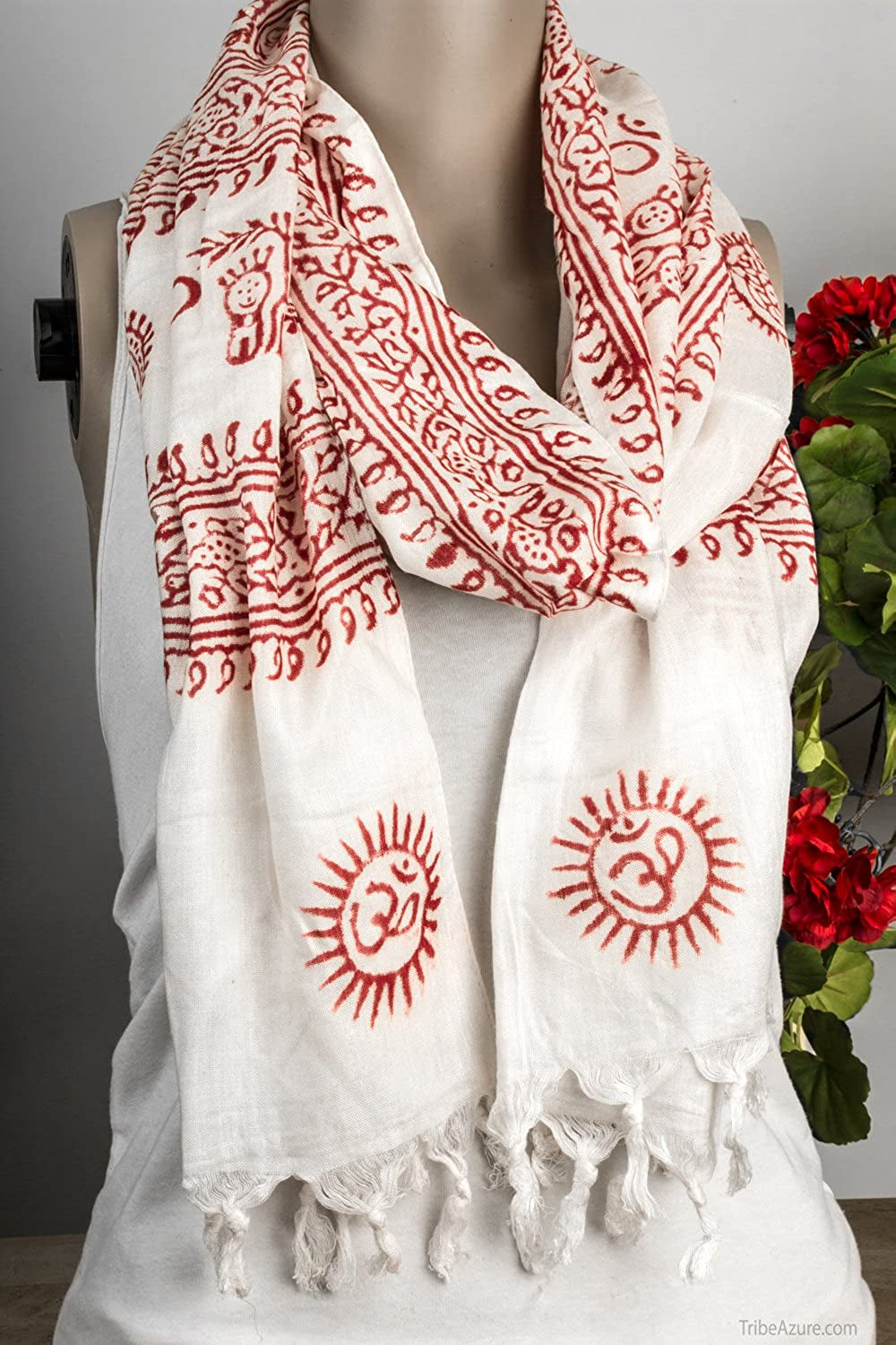 Large Om Scarf Wrap Yoga Soft Cotton Mix Hand Printed Mantra Prayer Boho Bohemian Yoga Yellow White Black & Blue (White) Apparel & Accessories > Clothing Accessories > Scarves & Shawls Tribe Azure Fair Trade