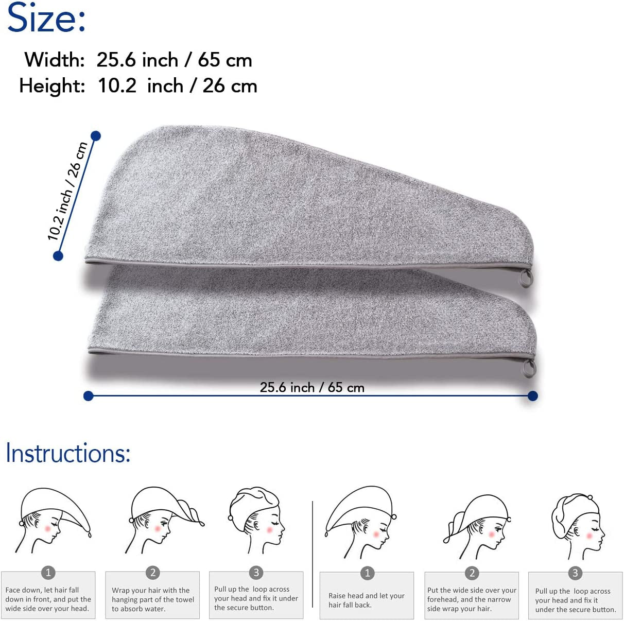 Ultra-Fine Microfiber Hair Drying Towels Thicken Cap with Button - Hair Towel Original Magic Instant Hair Dry Wrap for Women Super Absorbent Quick-Drying Hair Care Cap, 2 Pack 25.6 X 10.2In(2 Grey) Health & Beauty > Personal Care > Hair Care pocova