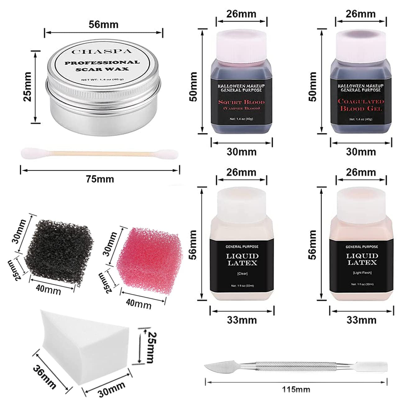 CHASPA Halloween Liquid Latex Special Effects SFX Makeup Kit - Scar Wax + 2 Btl Liquid Latex + 2 Btl Fake Blood + Spatula Tool + 2Pcs Stipple Sponge + 4Pcs Makeup Sponges + Cotton Swabs Health & Beauty > Personal Care > Cosmetics > Cosmetic Tools > Makeup Tools CHASPA