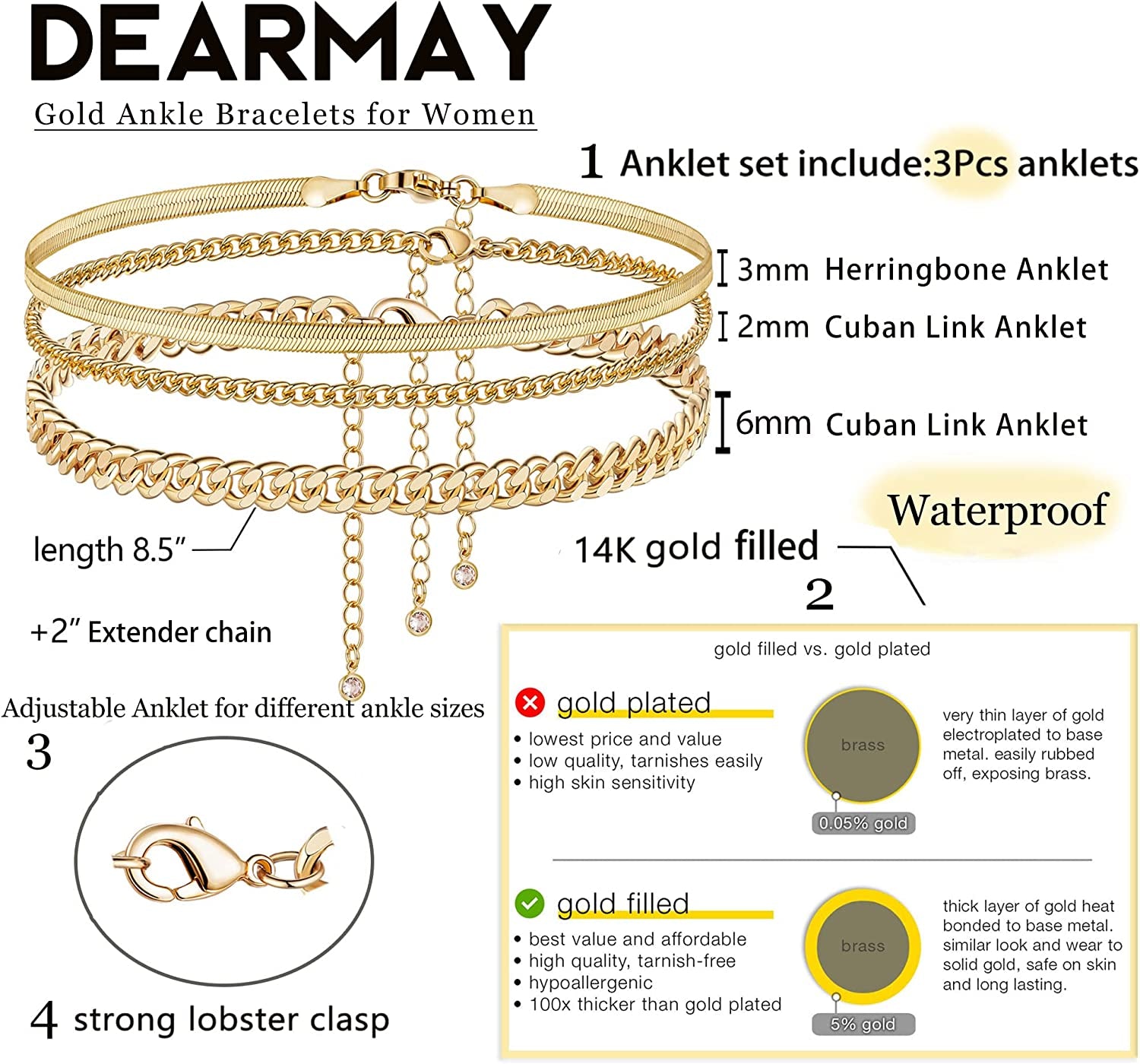 DEARMAY Gold Anklets for Women 14K Gold Ankle Bracelets for Women Waterproof Cuban Link Anklets Set Layered Anklet Bracelets for Women Anklet for Women Gold Jewelry Gift Apparel & Accessories > Jewelry > Anklets DEARMAY