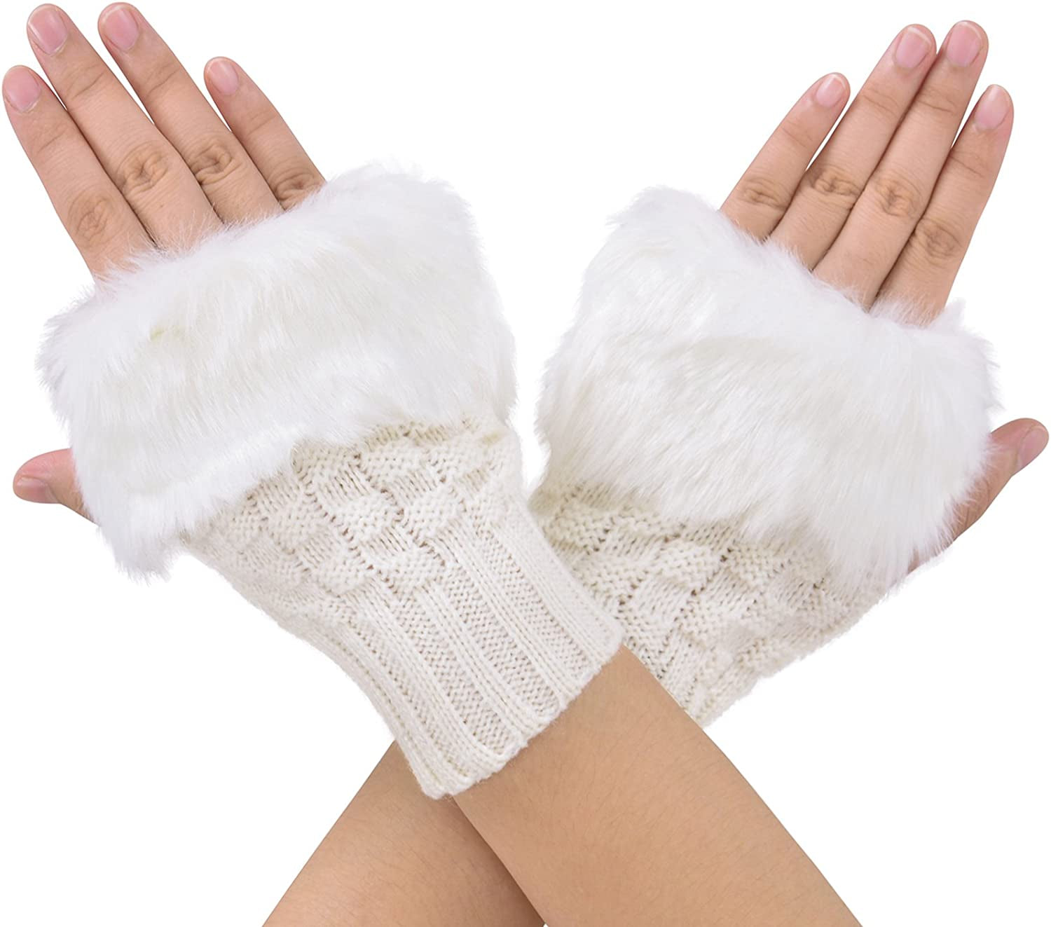 Simplicity Women'S Winter Faux Fur Knit Fingerless Hand Warmer Mitten Gloves Apparel & Accessories > Clothing Accessories > Gloves & Mittens Simplicity White